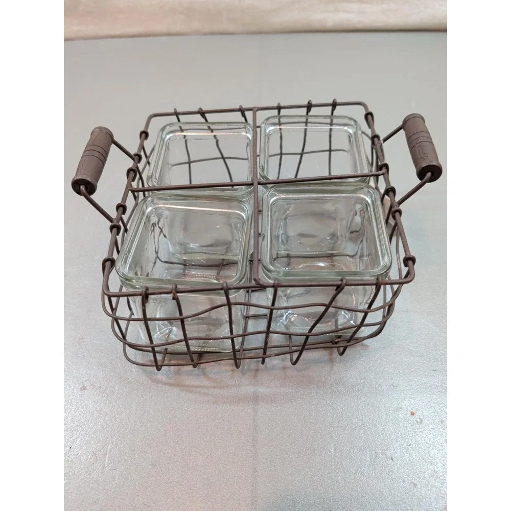 Blossom Bucket 4 Glass Jars in Wire Basket Caddy Rustic Farmhouse 171-72420
